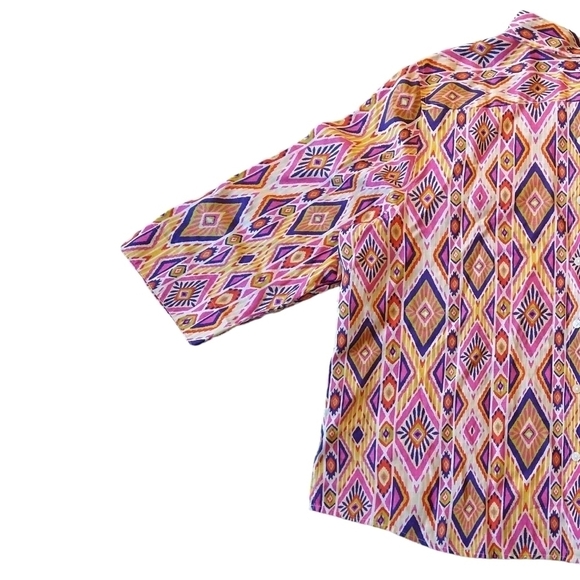 Chico's 100% Linen No-Iron Ikat Multicolor Button Back 3/4 Sleeve Shirt Boho - Picture 3 of 10